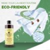 eco friendly laundry routine with sacredearth bottle and clothes shown